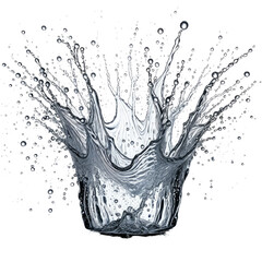 Water splash forms a crown. Droplets spray outwards on black background