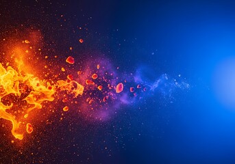 a vibrant abstract representation showcasing a dynamic collision between intense fiery orange and cool cerulean blue creating a stunning visual effect
