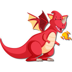 Cartoon Red Dragon Character Breathing Fire with Wings and Horns on Transparent Background