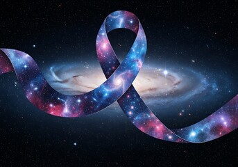 a vibrant ribbon of swirling galactic colors gracefully curves against the backdrop of a distant spiral galaxy in deep space