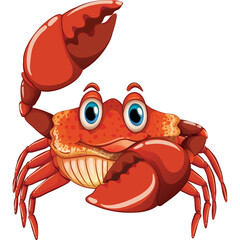 Cartoon Red Crab With Big Claws And Blue Eyes Waving One Claw In A Friendly Manner On A Transparent Background