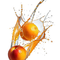 Orange and peach fruit splashes with orange liquid on black background