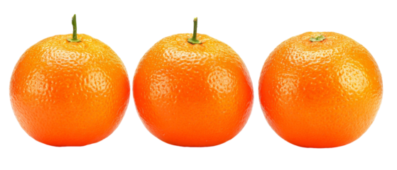Three ripe oranges arranged in a row, showcasing their vibrant orange color and textured skin, against a transparent background, ideal for food-related content or healthy lifestyle promotions