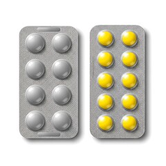 this image depicts two blister packs of pills one filled with gray tablets and the other showing bright yellow capsules isolated on