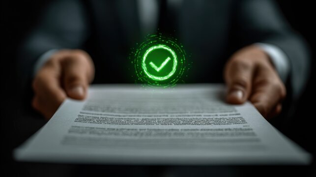 A businessman presents an approved digital document marked with a glowing green check symbol