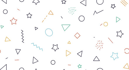 Vibrant Geometric Chaos with Multicolored Shapes and Playful Squiggles on a Transparent Background 