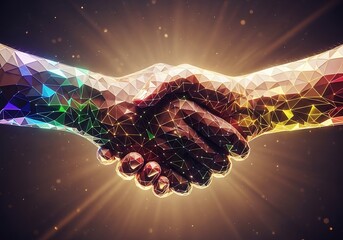 a vibrant low poly illustration depicts a handshake with rainbow colored lines and glowing particles against a dark cosmic backdrop