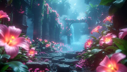 Enchanted Garden Path through Ancient Ruins Adorned with Glowing Pink Lilies and Ethereal Mist Under a Mystical Sky