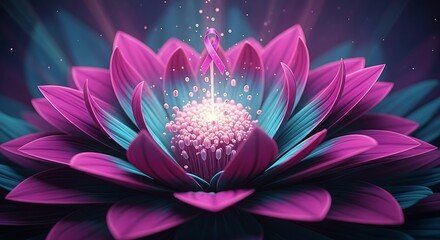 a vibrant and luminous pink lotus flower blooms with a glowing center radiating light and energy against a dark backdrop
