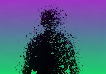 a silhouetted human figure appears to disintegrate into a cloud of particles against a vibrant gradient backdrop of purple and green hues