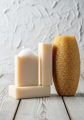 a still life composition features three bars of natural soap and a textured sea sponge on a weathered wooden surface bathed in