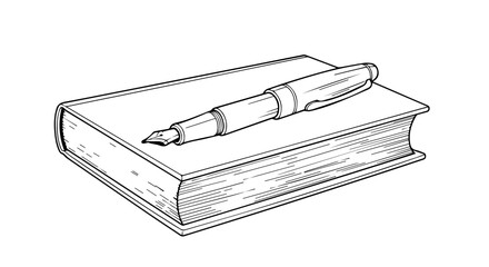 Black-and-White Line Drawing of Book with Fountain Pen Resting on Top