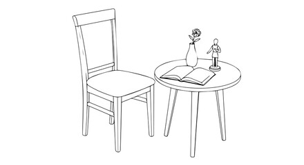 Fototapeta premium Title: Minimalist Line Drawing of Chair and Table with Book, Vase, and Figurine