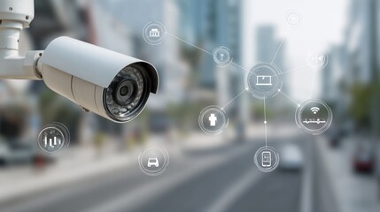 Security camera monitoring urban street with digital network interface overlay