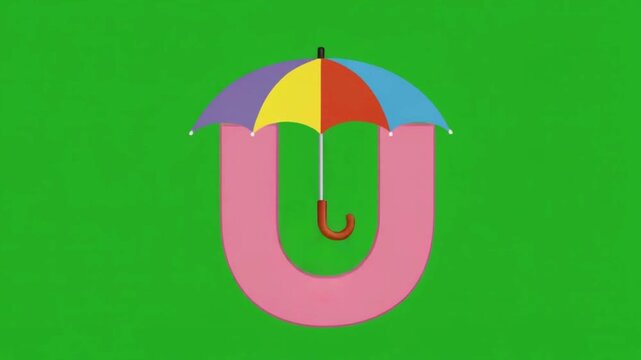 Animated letter 'U' giggling while a colorful umbrella opens above it, gently floating down and landing inside the curve of the 'U'. Greenscreen background, playful and bright animation