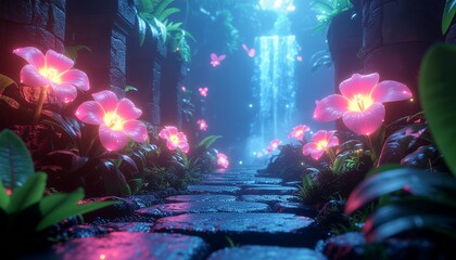 A mystical stone pathway illuminated by glowing pink flowers leading to a magical waterfall in an enchanted forest at night