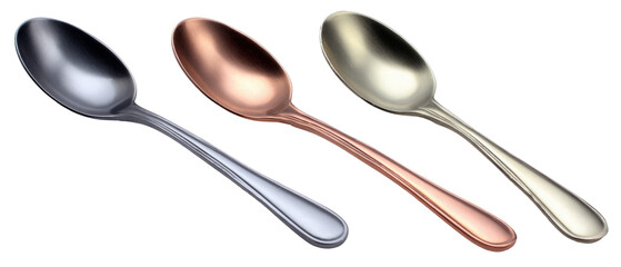 A set of three elegant spoons in varying metallic finishes, arranged side by side, showcasing their sleek design and reflective surfaces against a neutral background, ideal for culinary presentations