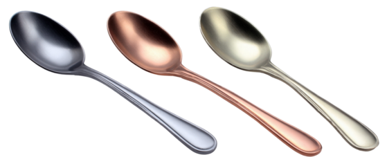 A set of three elegant spoons in varying metallic finishes, arranged side by side, showcasing their sleek design and reflective surfaces against a neutral background, ideal for culinary presentations