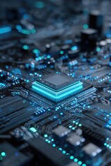 Close-up of a circuit board with a glowing central processor, intricate pathways, and vibrant teal accents