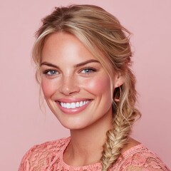 A chic pastel themed image of a woman in a delicate dress exudes elegance and modernity for timeless beauty concepts.