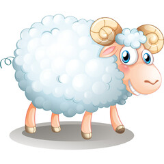 Cartoon Ram Sheep With Curly Horns And Blue Eyes Standing On White Background With Soft Shadows And Transparent Background