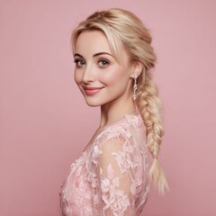 A chic pastel themed image of a woman in a delicate dress exudes elegance and modernity for timeless beauty concepts.