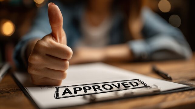 Hand gives a thumbs-up above a document stamped “APPROVED”. Successful application or completed project, achievement, validation, and positive confirmation in a work proposal