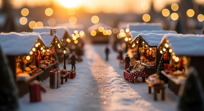 Enchanting miniature winter market scene with festive lights and snow