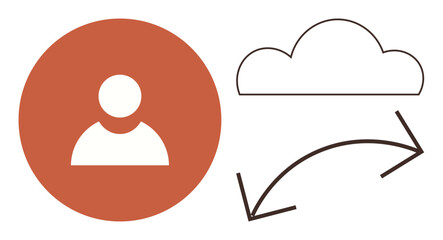 User icon next to outlined cloud graphic with arrows illustrating connection and exchange. Ideal for technology, cloud storage, data sharing, communication, synchronization, networking, simple flat
