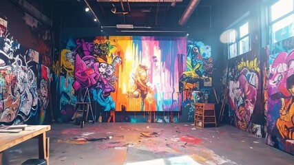 Vibrant art studio filled with colorful graffiti murals and paintings