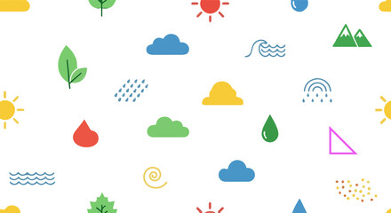 Colorful Geometric, natural, and Symbolic Icons in a Playful Pattern