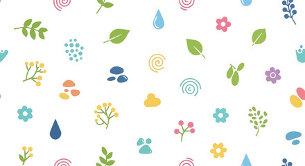 Colorful Geometric, natural, and Symbolic Icons in a Playful Pattern