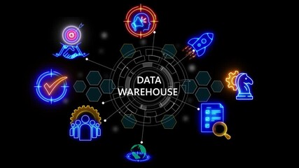 business insights from Motion graphic of data warehouse icons concept .cube glow with and holographic futuristic technology matrix global security with digital spot light and stretch - Powered by Adobe