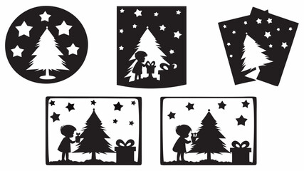 Black and white christmas themed cutouts featuring christmas trees, stars, gifts, and children silhouettes | editable eps vectors