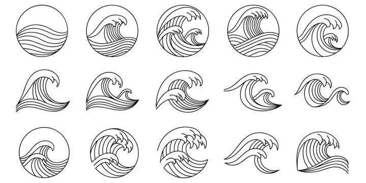 Wave icon set illustration in black and white line art showing stylized ocean wave designs with dynamic curves and circular motifs