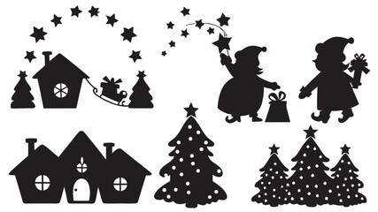 Black silhouette of christmas scene with houses trees santa and stars in a festive holiday arrangement | editable eps vectors