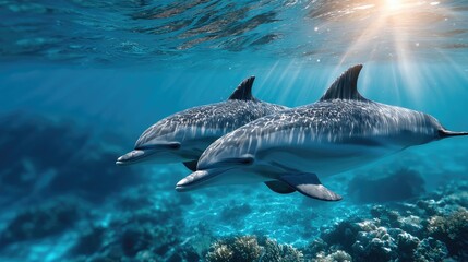 two dolphins, swimming underwater, backlit, in beautiful ocean water, creating a peaceful mood