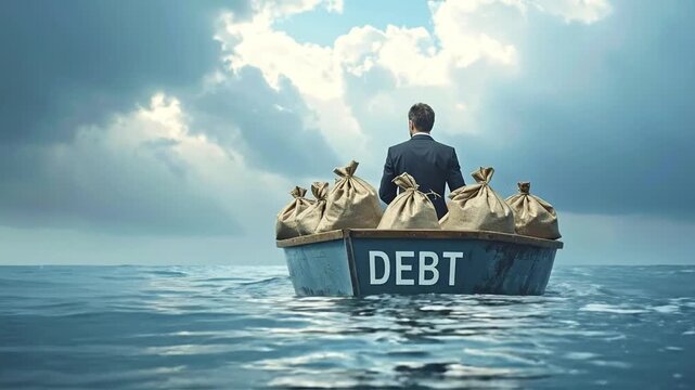 Businessman adrift in a small boat labeled Debt, surrounded by money bags, illustrating the overwhelming burden of financial crisis and risk