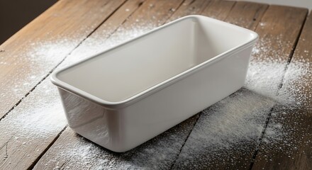 Baking readiness concept with white bread loaf pan placed on rustic wooden table dusted with flour