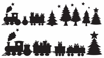 Naklejka premium Silhouette of christmas train carrying gifts with christmas trees and stars in black and white style | editable eps vectors