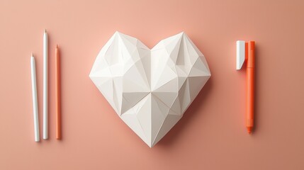 A white paper heart with orange and white markers.