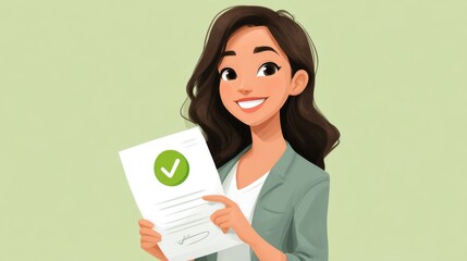 A businesswoman holds a document marked with a green approval check, representing the successful approval of a business plan, completed business registration, and confirmation of official authorizatio