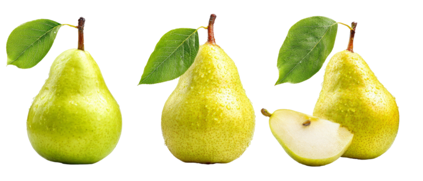 Three ripe green pears with leaves arranged in a row, showcasing their smooth texture, with one pear cut in half to reveal its juicy interior, set against a clean white background