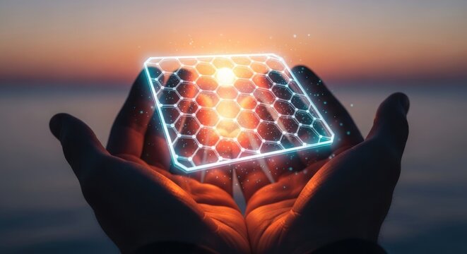 Hands holding a glowing solar panel against a sunset sky