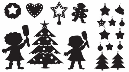 Silhouette christmas themed vector art featuring girls trees ornaments and holiday decorations for festive design | editable eps vectors