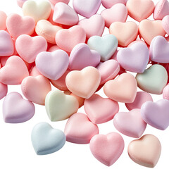 Piled pastel heart candies in pink, lavender, orange, green, and blue