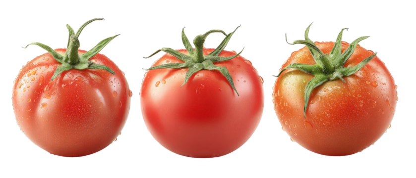 Fresh, ripe tomatoes arranged in a row, showcasing their vibrant red color and dewdrops, set against a clean white background, ideal for food photography or culinary use