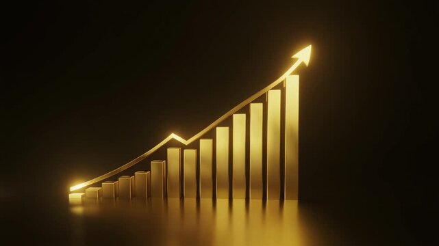 Golden bar chart with an upward-trending arrow symbolizing financial growth and business success on a dark background.