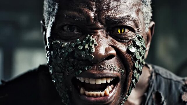 Horror film character with aggressive expression and zombie style makeup