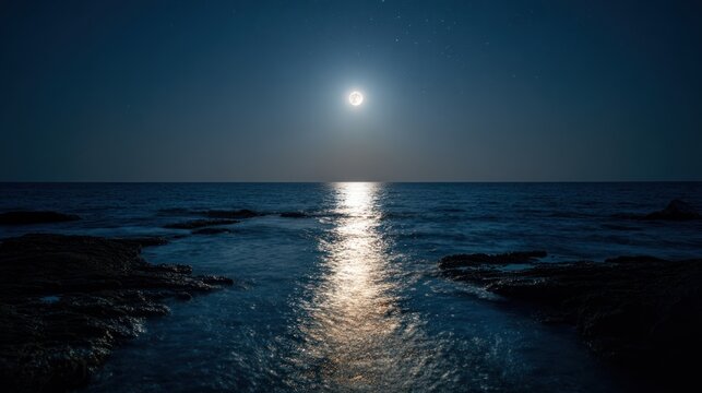 Moonlit ocean waves reflecting light onto dark rocky shore at night. - Powered by Adobe